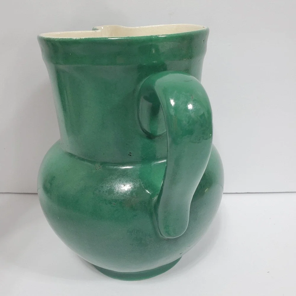 VTG Erphila Art Pottery Pitcher‎ Green Ceramic Czechoslovakia 7 in Tall See Flaw